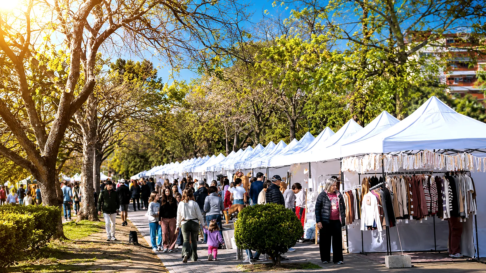 Feria al aire libre con una hilera de gazebos blancos entre árboles